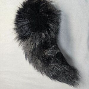 Black Faux Fur Fox Tail Bag Charm Keychain Gold Tone Rhinestone